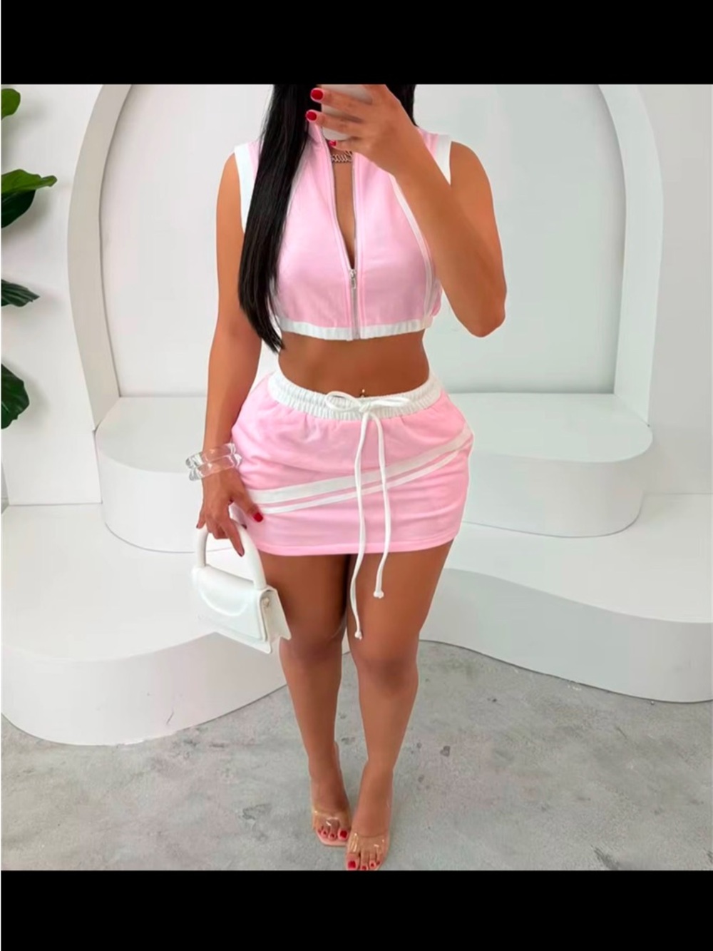 Zip-Front Pink Crop Top & Drawstring Skirt Set